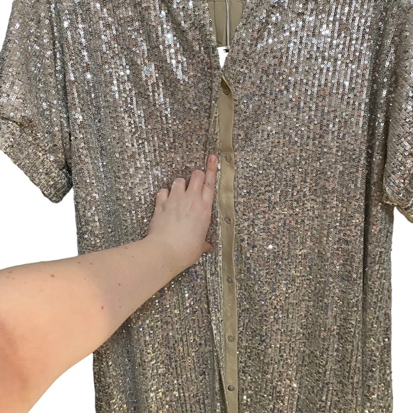 Every Women's Large Champagne Short Sleeve Collared Sequin Button Up Mini Dress - Picture 4 of 9